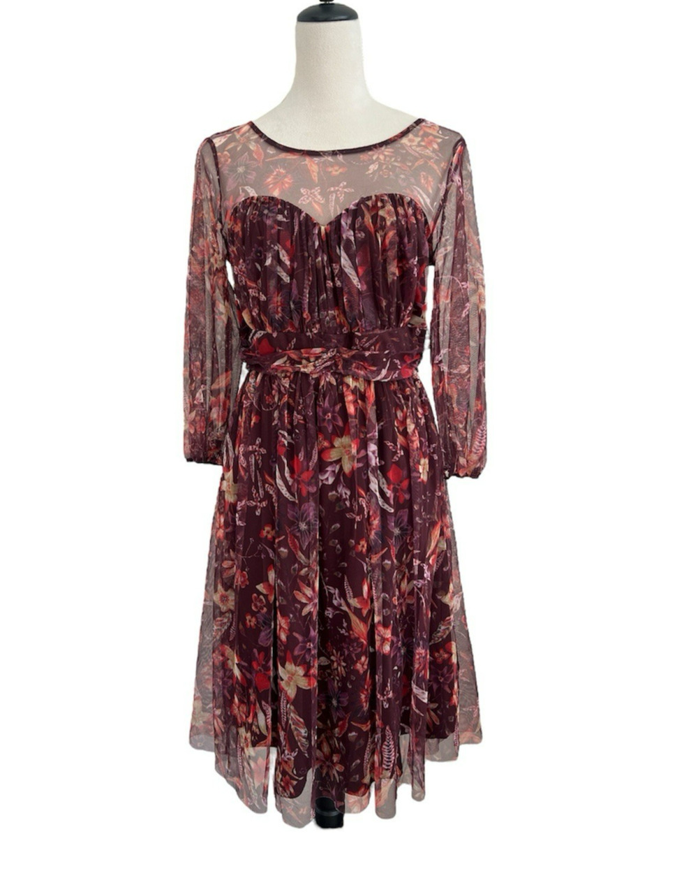 Candalite Midi Dress Womens Medium Burgundy Floral Mesh Overlay Sheer Sleeves